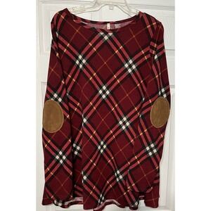 Beeson River Plus 2X Dark‎ Red Plaid With Suede Elbow Patches Button Back Detail